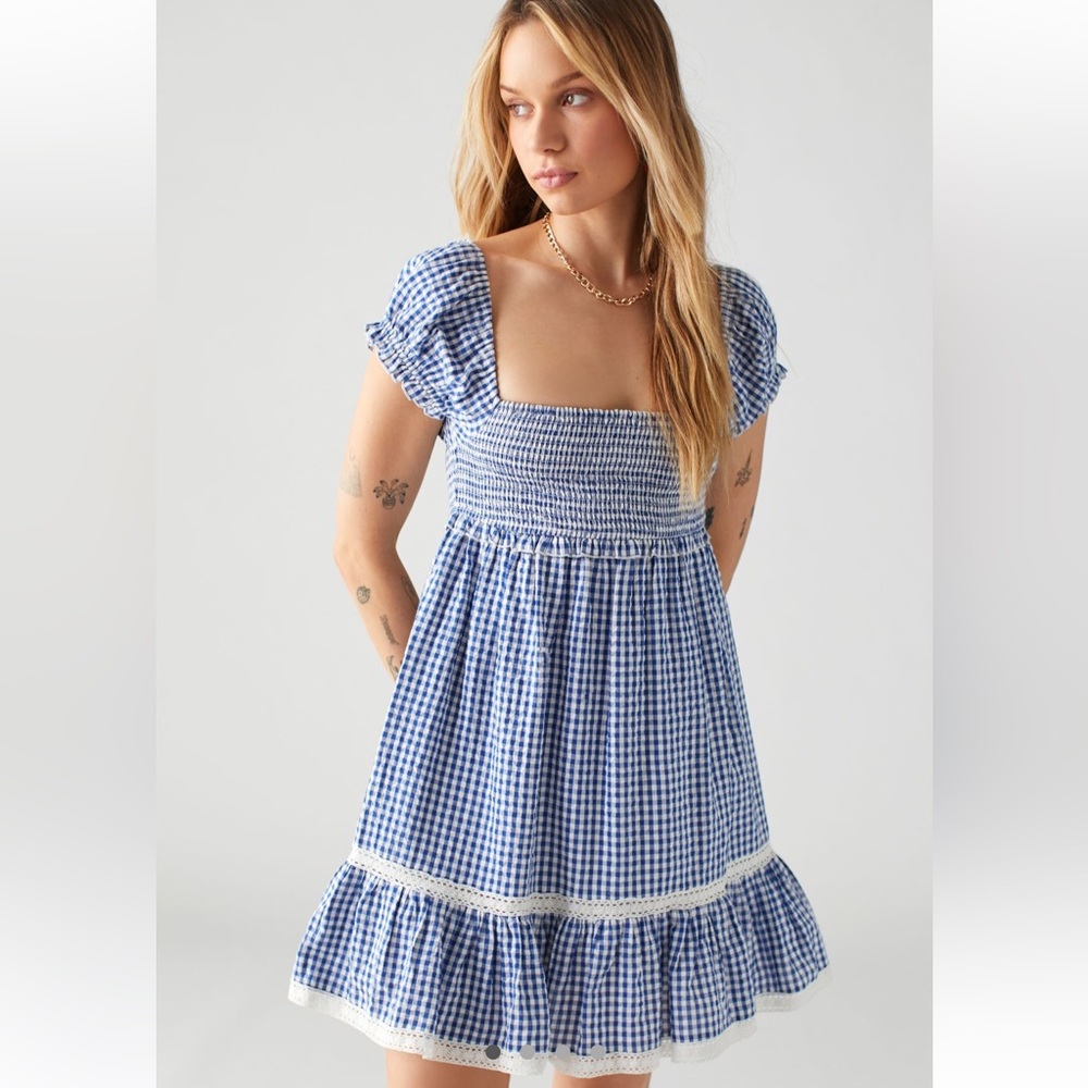 Marseille Gingham Smocked Mini Dress - size medium - Urban Outfitters